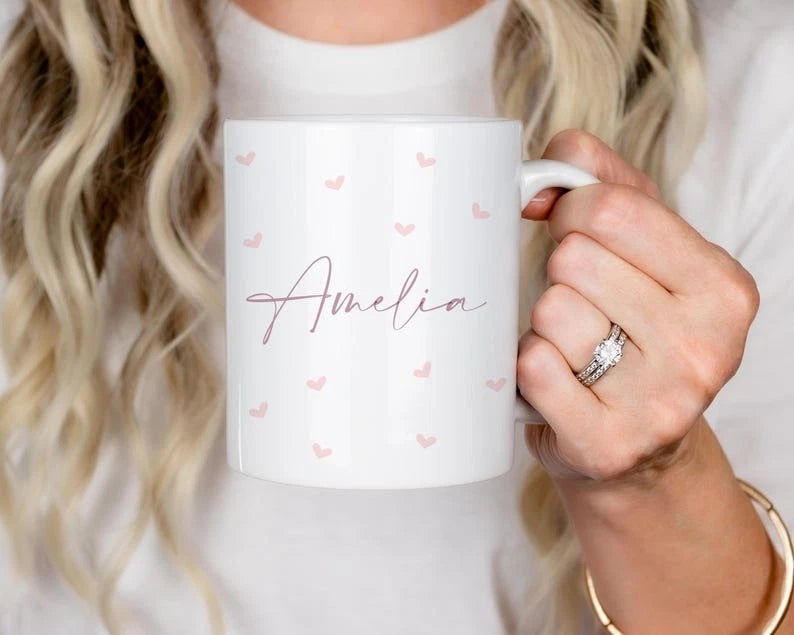 amelia name mug with pink love hearts design mug 400ML -white