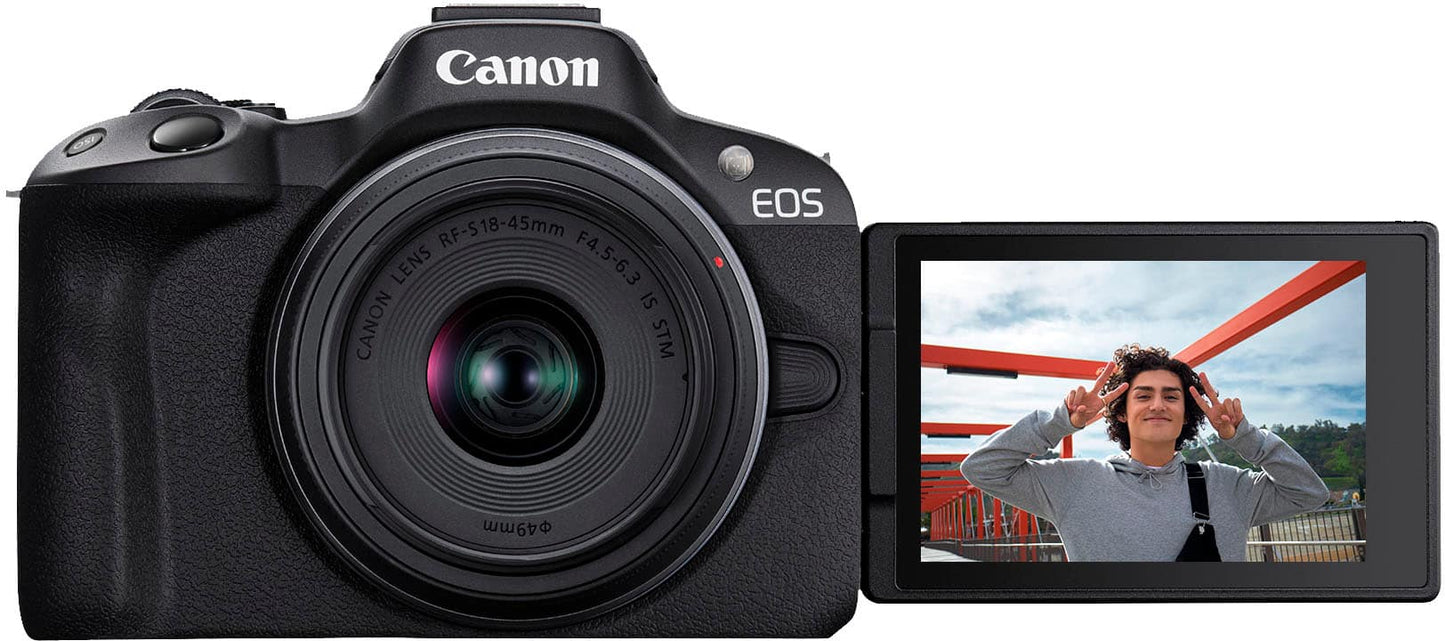 Canon EOS R50 4K Mirrorless Camera with RF-S 18-45mm F4.5-6.3 IS STM Lens – Content Creator Kit Black (Brand New)